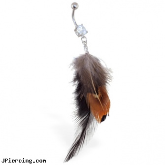 Belly ring with dangling brown and black feathers, guitar belly ring, belly rings wholesale, grateful dead belly ring, free teen clit ring photos, dangling eyebrow jewery