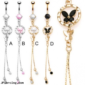 Belly ring with dangling circle and butterfly with dangling chains, belly and piercing and problems, gold mermaid belly rings, 12 gauge belly rings, restriction rings cock, dangling belly button rings