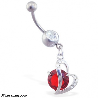 Belly ring with dangling curved heart and large red gem, spongebob belly ring, when belly button piercings go wrong, belly piercing kit, gold eyebrow ring, wholesale tongue rings