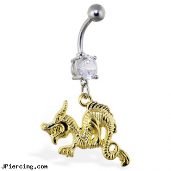 Belly ring with dangling gold colored dragon, superman belly ring, white gold belly button ring, belly ring jewelry, tongue ring retainers, dangling eyebrow jewery