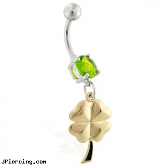 Belly ring with dangling gold colored four leaf clover, belly buton rings, rhinestone belly button barbells, skull belly button ring, playboy bunny tongue rings, cock ring info