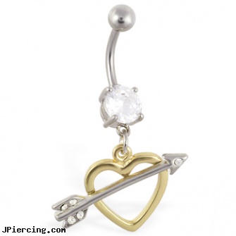 Belly ring with dangling gold colored heart with arrow, how to treat infected belly button piercings, belly button rings, phillips screw belly button ring, ring tongue, dangling navel ring