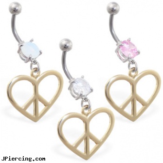 Belly ring with dangling gold colored peace heart, belly button piercing pics, belly piercing dangers, 14 kt white gold belly button rings, cock ring with release, 14k flush nose ring