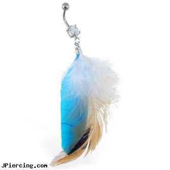 Belly ring with dangling gray, brown and turquoise feathers, belly buttin rings, belly button piercings pics, belly ring display case, sterling silver navel ring, ejaculation danger penis ring