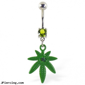 Belly ring with dangling green pot leaf with gem, belly button rings, bannana belly ring discount gold, about belly button piercing, alchemy cock ring, ladybug navel ring