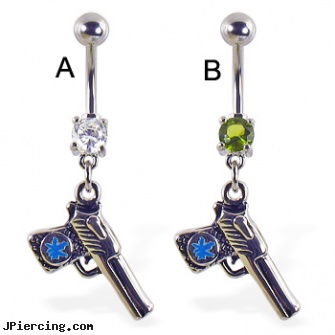 Belly ring with dangling gun with pot leaf, piercing your belly button pictures the process, belly button piercings aftercare, make belly rings, does nose ring hurt, self piercing and earrings