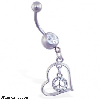 Belly ring with dangling hollow heart and peace sign, belly piercing allowed in islam fatwa, pretty belly rings, letter belly button rings, care lip ring, nipple rings non piercing
