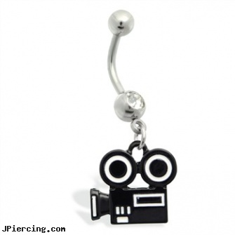 Belly Ring with dangling hollywood movie camera, belly button rings dangle, belly button rings with screw on beads, belly button ring measuring, christina auguilara nipple rings, information on lip rings