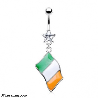 Belly ring with dangling Irish flag, initial belly rings, hot belly ring, crystal no pierce belly jewelry, cheap nose rings, testicles cock rings
