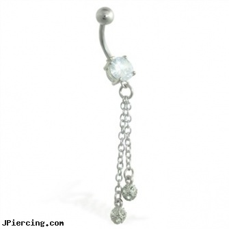 Belly ring with dangling jeweled balls on chains, arizona belly button piercing, dangling heart belly button ring, dangling belly rings, care of navel rings, discount tongue rings