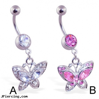 Belly ring with dangling jeweled butterfly, where can find information on belly button piercing, belly button ring jews, rebel flag belly button ring, male rings, peachez clit ring