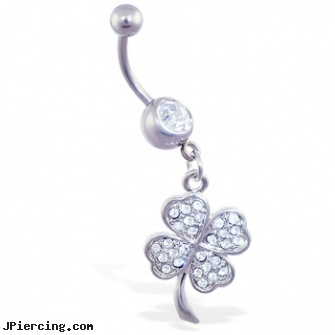 Belly ring with dangling jeweled clover, wholesale belly rings, infected belly ring, belly button jewelry, goat cock ring, how to wear cock ring