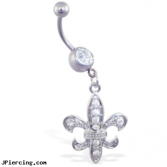 Belly ring with dangling jeweled Fleur-De-Lis, diamond belly rings, belly ring and body jewlery, fruity belly button rings, how do you use cock ring, tongue ring healing