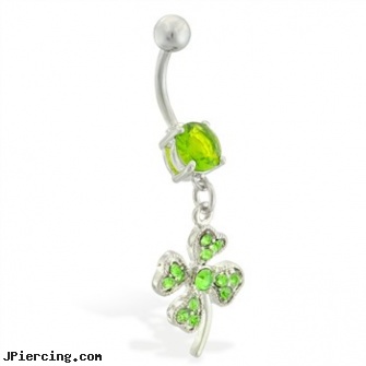 Belly ring with dangling jeweled four leaf clover, unique belly button rings, belly ring studs, belly button piercing infections, thrusting tongue ring, why use cock ring