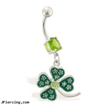 Belly ring with dangling jeweled four leaf clover, effects of belly button piercings, belly rings, belly butten rings, marilyn monroe tongue rings, wireless vibrating cock rings