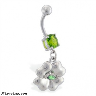 Belly ring with dangling jeweled four leaf clover, belly piercing dangers, rose belly button rings, team belly rings, indian nose rings and earrings, nipple rings and pictures and nude