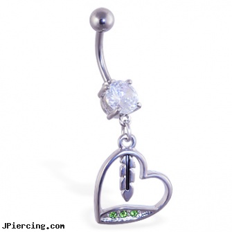 Belly ring with dangling jeweled green heart and feather, how to change belly ring, reasons for belly button piercings, cartoon character belly rings, continuous ring body jewelry, cartlidge earings
