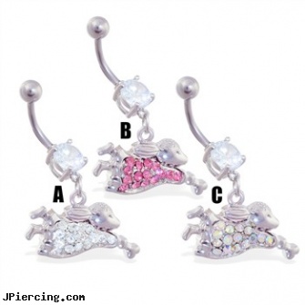 Belly ring with dangling jeweled jumping bunny, how to switch your belly button ring, belly buton rings, tools for belly piercing, use tongue ring for oral, dangling eyebrow jewery