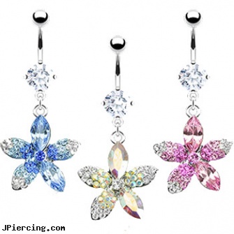 Belly ring with dangling jeweled multi-toned flower, gold belly ring, platinum belly rings, percing you belly button bad for you, where can buy fake lip rings, dangling body jewelry
