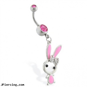 Belly ring with dangling jeweled pink bunny, belly button piercing in atlanta, holiday belly rings, belly navel rings for sale, create your own tongue ring, gold navel ring