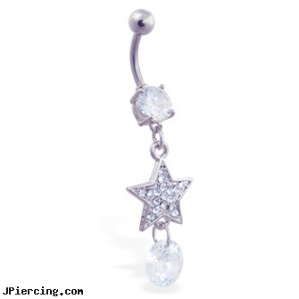 Belly ring with dangling jeweled star and large gem, belly button peircings, rose belly button rings, diamond belly button rings, eyebrow rings, clitoris tongue ring