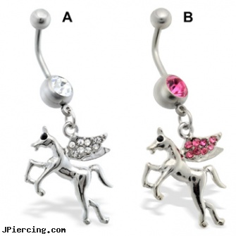 Belly Ring with dangling jeweled unicorn, initial belly button ring, reasons for belly button piercings, dangers of belly button piercing, cock rings information, cubic zirconia clit ring