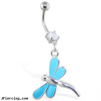 Belly ring with dangling light blue dragonfly, rose belly button rings, belly button polydactyl rings, starter belly rings, labret rings, navel rings football