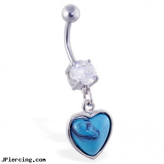Belly ring with dangling lt blue heart, belly button shields, belly piercing healing, perils of belly button rings, irish flag tongue ring, nose ring and 14 kt