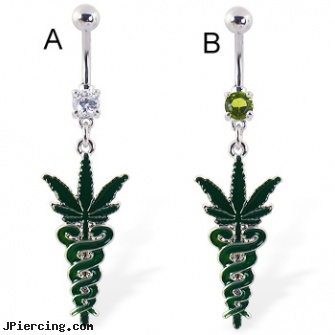 Belly ring with dangling medical snakes and pot leaf, belly ring studs, belly buttin rings, cost of belly button piercing in new jersey, dick rings, daisy nipple rings