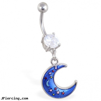 Belly ring with dangling moon with stars, jeweled belly rings, cleaning and care for belly button piercings, belly button piercing questions, navel ring superman logo, nose ring removal