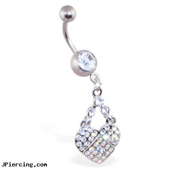Belly ring with dangling multi-colored jewel paved heart, navel steel belly button, cleaning and care for belly button piercings, way belly rings, key ring penis, platinum nose ring