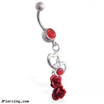 Belly ring with dangling open hearts and roses, belly peircings, home belly button piercing, ny belly rings, fake lip ring, 20 gage nose rings