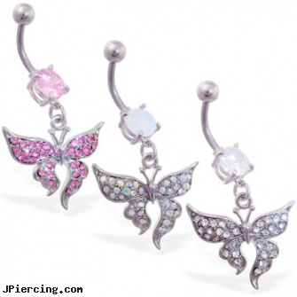 Belly ring with dangling pave jeweled elegant butterfly, rhinestone charm belly ring, belly button and toung rings, belly button piercing stories, cock ring cum, cool tongue rings