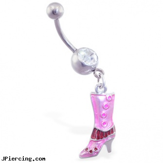 Belly ring with dangling pink boot, bellybutton peircings, union jack belly button rings, belly piercing information, tongue ring sizes, naval rings