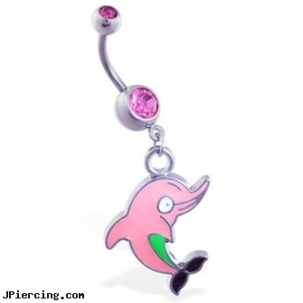 Belly ring with dangling pink cartoon dolphin, belly ring wholesale, belly peircings, belly button piercing places, harley davidson gold navel rings, rings nipple
