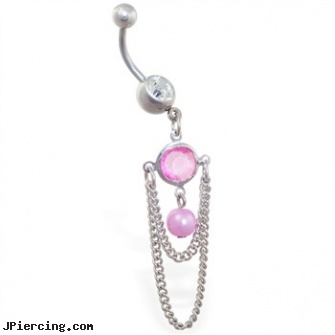 Belly ring with dangling pink jeweled and pearl with chains, belly ring stories, belly buttons rings, charms for captive belly rings, yellow gold diamond nose ring, cock ring tips