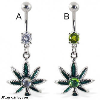 Belly ring with dangling pot leaf with hologram gem, barrel racer belly button ring, auctions belly rings, 16g belly button rings, navel ring pain, dangling eyebrow jewery