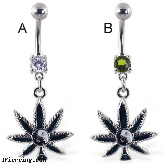 Belly ring with dangling pot leaf with ying-ying, belly piercing jewelry, playboy belly ring, retainer for belly button, pornstars with tongue rings, multiple piercing navel rings