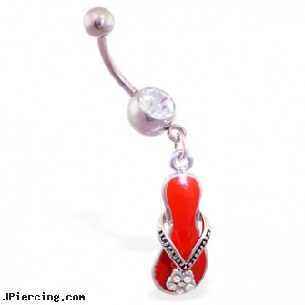 Belly ring with dangling red flipflop with jeweled flower, chevy belly rings, horseshoe belly button rings, belly ring stories, care for tongue ring, navel ring during pregnancy