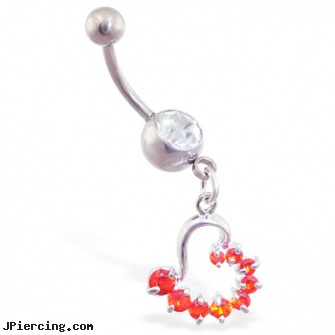 Belly ring with dangling red half-jeweled heart, navel belly jewelry, belly piercing care, animal rights belly jewelry, tongue rings for sale, hide my tongue ring