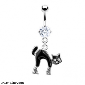 Belly Ring with Dangling Scared Black Cat, new belly button rings, make your own belly rings, belly button piercing cleaning, body jewelry single earings, dangling nipple jewelry stars
