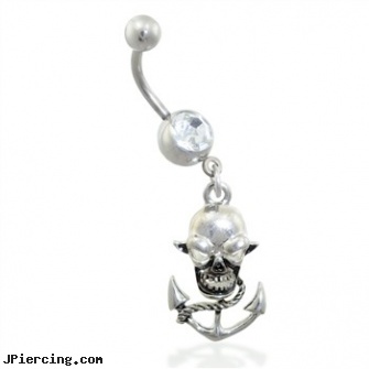 Belly Ring with Dangling Skull Anchor, care bear belly rings, kuma sutra belly button rings, playboy belly rings, nose and ear chain rings, dangling belly button rings