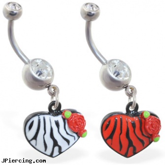 Belly ring with dangling tiger print heart, cool logo belly button rings, flexible belly rings, elvis presley belly button ring, tounge ring, lip plates neck rings of africa