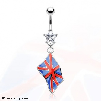 Belly ring with dangling United Kingdom flag, disney belly rings, puerto rican flag for belly button ring, uk wildcats belly button ring, acrylic tongue rings, cock ring wearing instructions