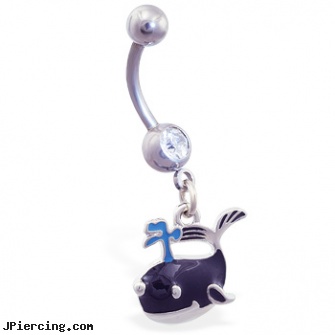 Belly ring with dangling whale, belly button pericings, banana bell belly rings, navel steel belly button, threaded ring nipple, metal cock rings
