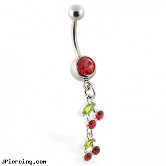 Belly ring with double dangling cherries, belly piercings danger, alphabet belly button jewelry, fun belly rings, red ring on head of penis, ring tongue terminal torque