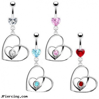 Belly ring with jeweled heart inside dangling crooked heart, stretchy belly rings, belly button piercings aftercare, belly piercing danger, ball and cock ring, lead to her nipple ring