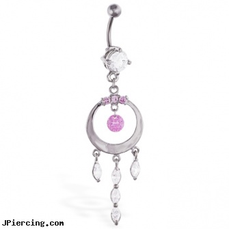 Belly ring with large dangling circle and jeweled dangles, how to remove belly button rings, belly dance jewelry, cross belly rings, ball and cock ring, body peircing nipple rings how