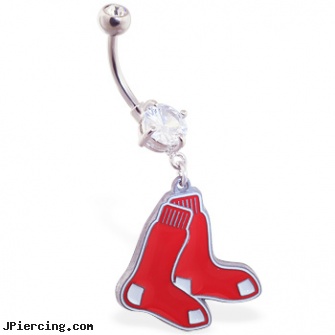 Belly Ring with official licensed MLB charm, Boston Red Sox, belly button polydactyl rings, tiffany belly jewelry, pictures of belly button piercings, captive ring balls, how to change nose ring
