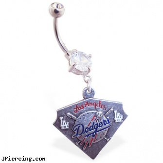 Belly Ring with official licensed MLB charm, Los Angeles Dodgers, clear belly button ring, belly button rings fairy jewlery, gold crystal belly button ring, m-16 cock ring, nose navel tongue rings official playboy